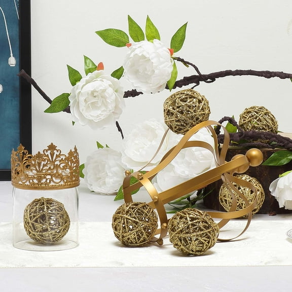 Efavormart 6 Pack | 3" Gold Glittered Handmade Twig Rattan Balls Wedding Decoration Birthday Party Arrangement