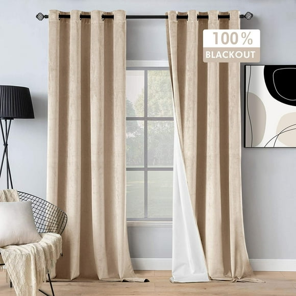 100% Blackout Velvet Curtains 84 Inches Long Beige Curtains Black Out Curtains for Bedroom Windows Drapes for Luxury Living Room Darkening Thermal Insulated Grommet Light Blocking Set of 2