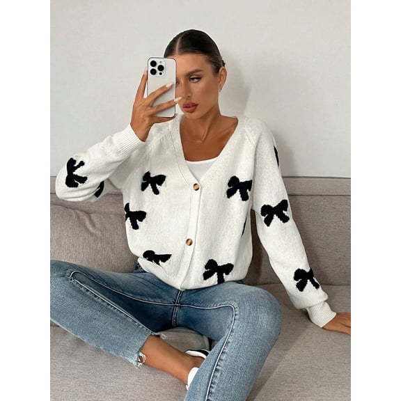Women's Bow Knit Cardigan V Neck Button Down Long Sleeve Sweater Top