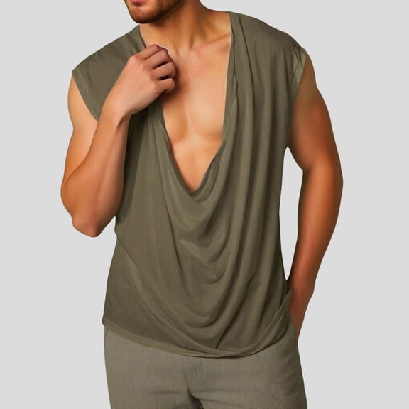Men's Sleeveless Solid Color Sports V-Neck Base Layer Cowl Neck Vest Army Green Size L