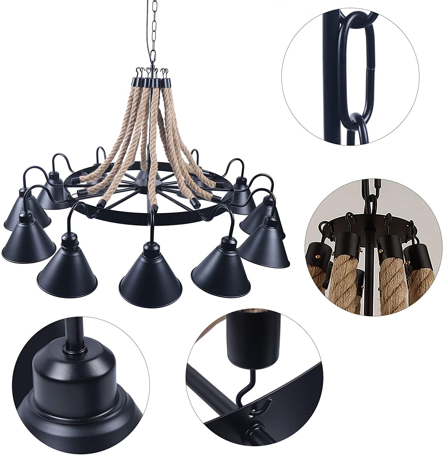 Miumaeov 12 Lights Industrial Rustic Chandelier Rope Pendant Light Farmhouse Round Wagon Wheel with Metal Shade Pendant Lighting Fixture for Dinning Room Kitchen Island