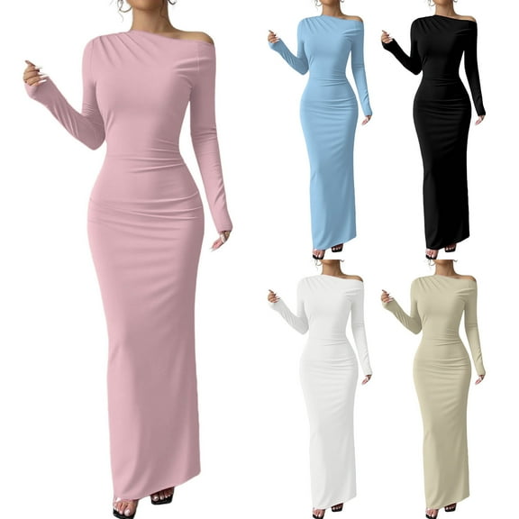 YHAJDS Women's Fall Winter Casual dress,Women's Dresses Long Sleeve One Shoulder Solid Color Bodycon Midi Dress Soft Knit Fabric for Fall Winter