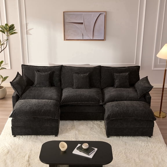 LAKPS 3-Seat Sectional Sofa Couch, Cloud-Style Deep Seating Sleeper Sofa with Included Throw Pillows, Chenille Fabric Upholstery, Modern Living Room Sofa, Black