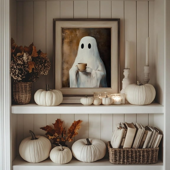 Ghost Drinking Coffee Vintage Canvas Print Painting Wall Art for Halloween Country Cottage Fall Home Decor Unframed