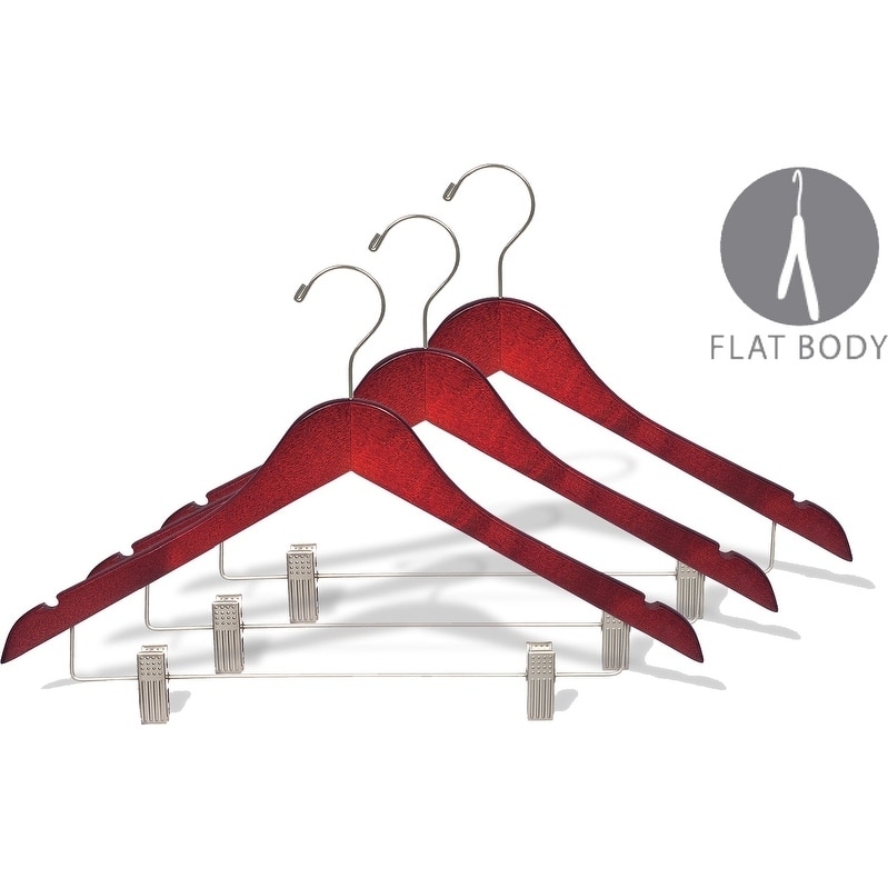International Hanger Wood Combo Hanger w/ Cushion Clips, Fine Hardwood, 17" Flat Body, Cherry Finish, Brushed Chrome Hardware, Box of 50