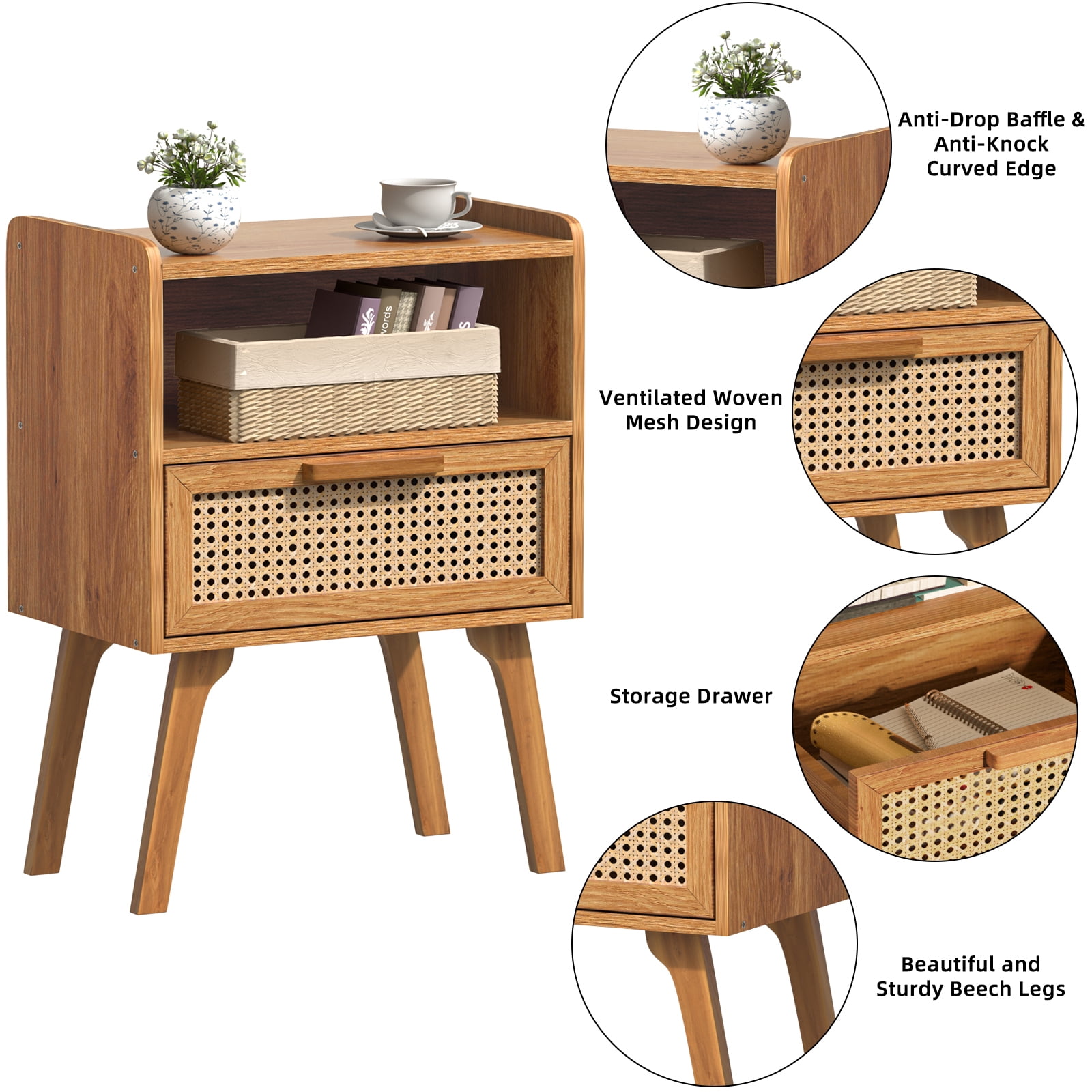 LEYAOYAO 2pc Rattan Nightstand, Modern Wicker Bedside Table with 1 Drawer & Tapered Legs, Boho Tea Color for Small Spaces, Tea Color