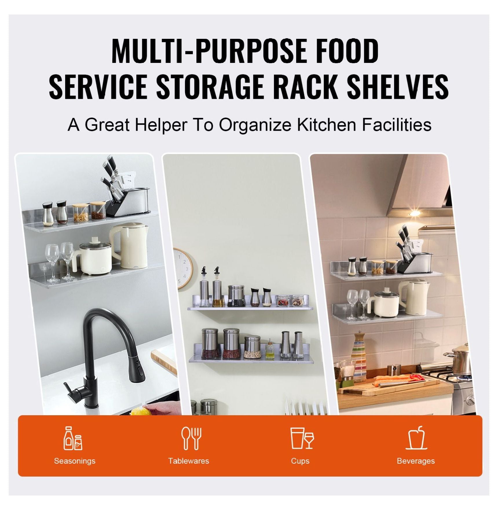 Stainless Steel Shelf 8.6x30 inch, Wall Mounted Floating Shelves with Backsplash, 44lbs Capacity, Heavy Duty Storage for Kitchen, Restaurant, Bar & Hotel