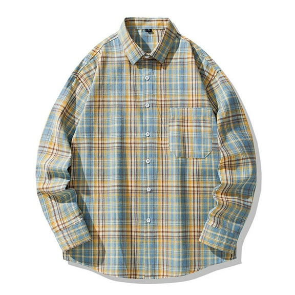 Flannel Shirts for Men Oversized Long Sleeve Button Down Buffalo Plaid Shirt Blouse Tops on Light Blue L