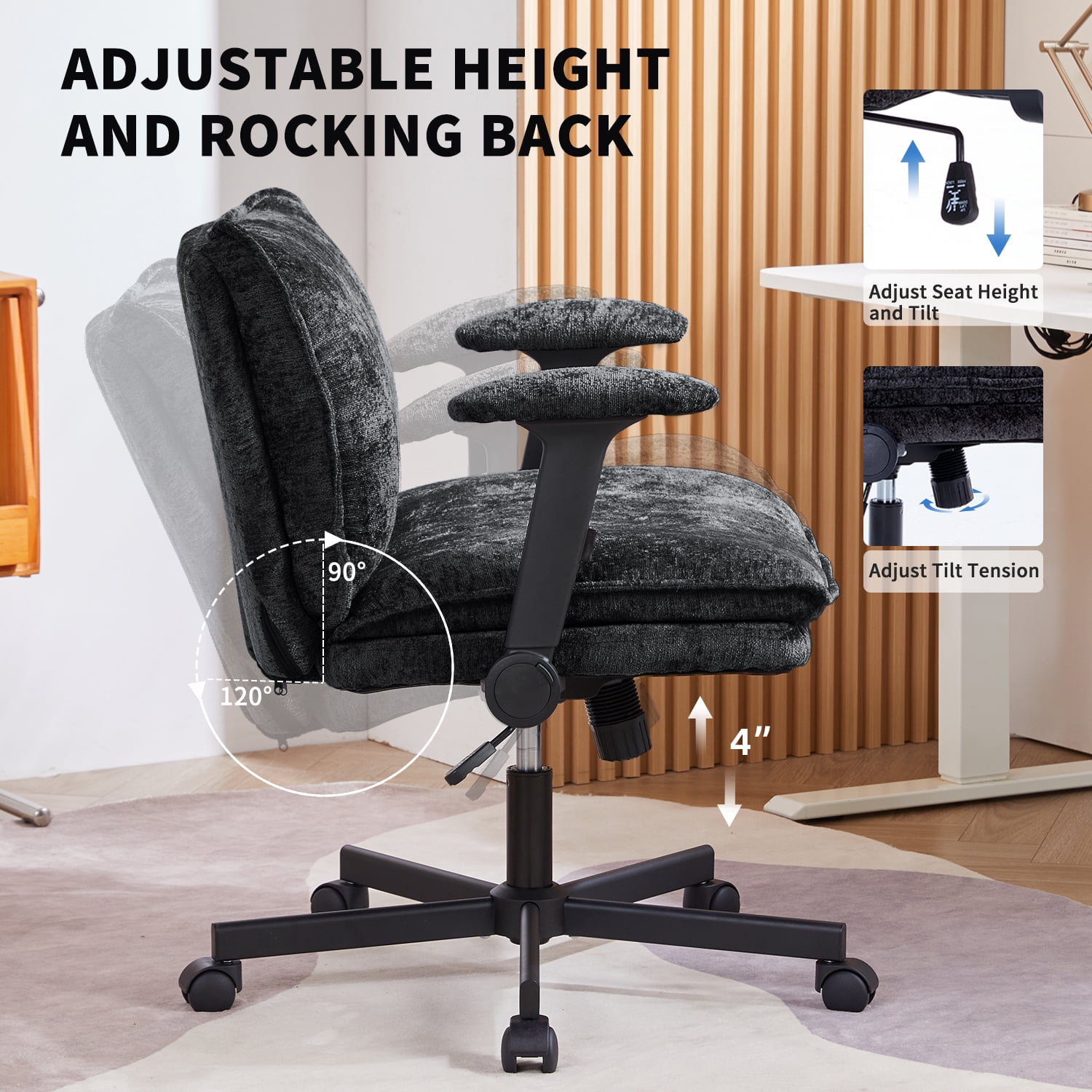 Criss Cross Chair with Wheels and Adjustable Flip-Arms, Cross Legged Office Chair with Thick Cushion, Wide Makeup Vanity Chair, Comfy Swivel Desk Chair for Home Office, Apartment, Bedroom, Black