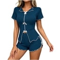 thumbnail image 5 of Tqcoqu Women's 2 Piece Pajama Set, Contrast Trim Bow Decor Short Sleeve Split Front Top & Elastic Waist Lettuce Trim Shorts, Soft Summer Loungewear Sleepwear Outfit Set,Dark Blue Women's S-XL, 5 of 5