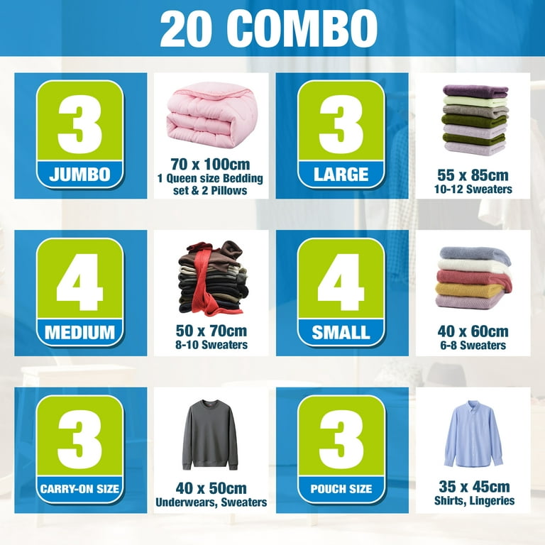 20 Vacuum Storage Bags with Electric Pump, Vacuum Sealed Storage Bags  (3Jumbo/3Large/7Medium/7Small), Space Saver Vacuum Seal Bags for Clothing