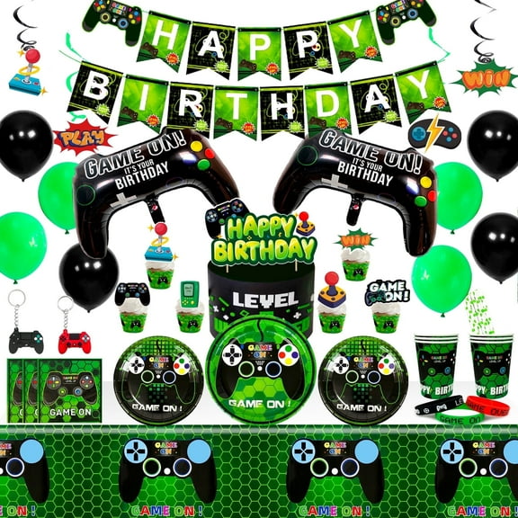 Gaming Birthday Party Supplies,Video Game Party Decorations&Tableware Set - Gaming Decorations Plates Cups Tablecloth Balloons Banner Cake Topper for Boys