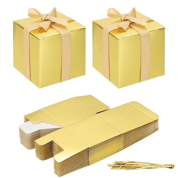 Scheam 30 Pcs Square Favor Boxes 2 inch Mini Candy Box Paper Gift Bags DIY Packaging Boxes Small Items Containers with Ribbons for Birthday Christmas Anniversary (Gold)