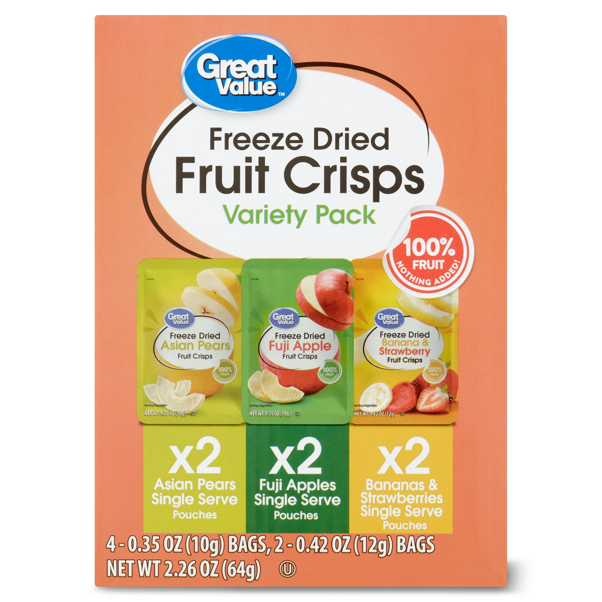 Great Value Freeze Dried Fruit Crisps, Variety Pack, 6 Count, 2.26 oz