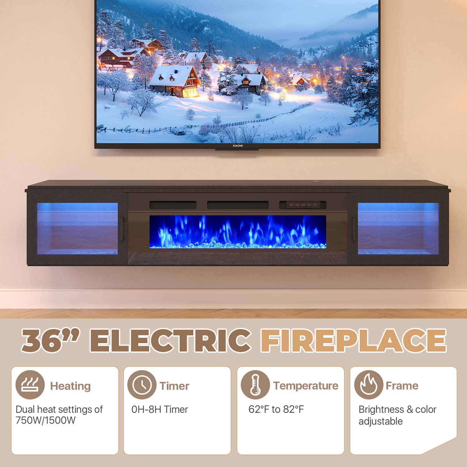 BaPiPro 70" Floating Fireplace TV Stand for TVs up to 80", Wall Mounted Entertainment Center with Media Storage, Console Table with 36" Electric Fireplace, Modern Black