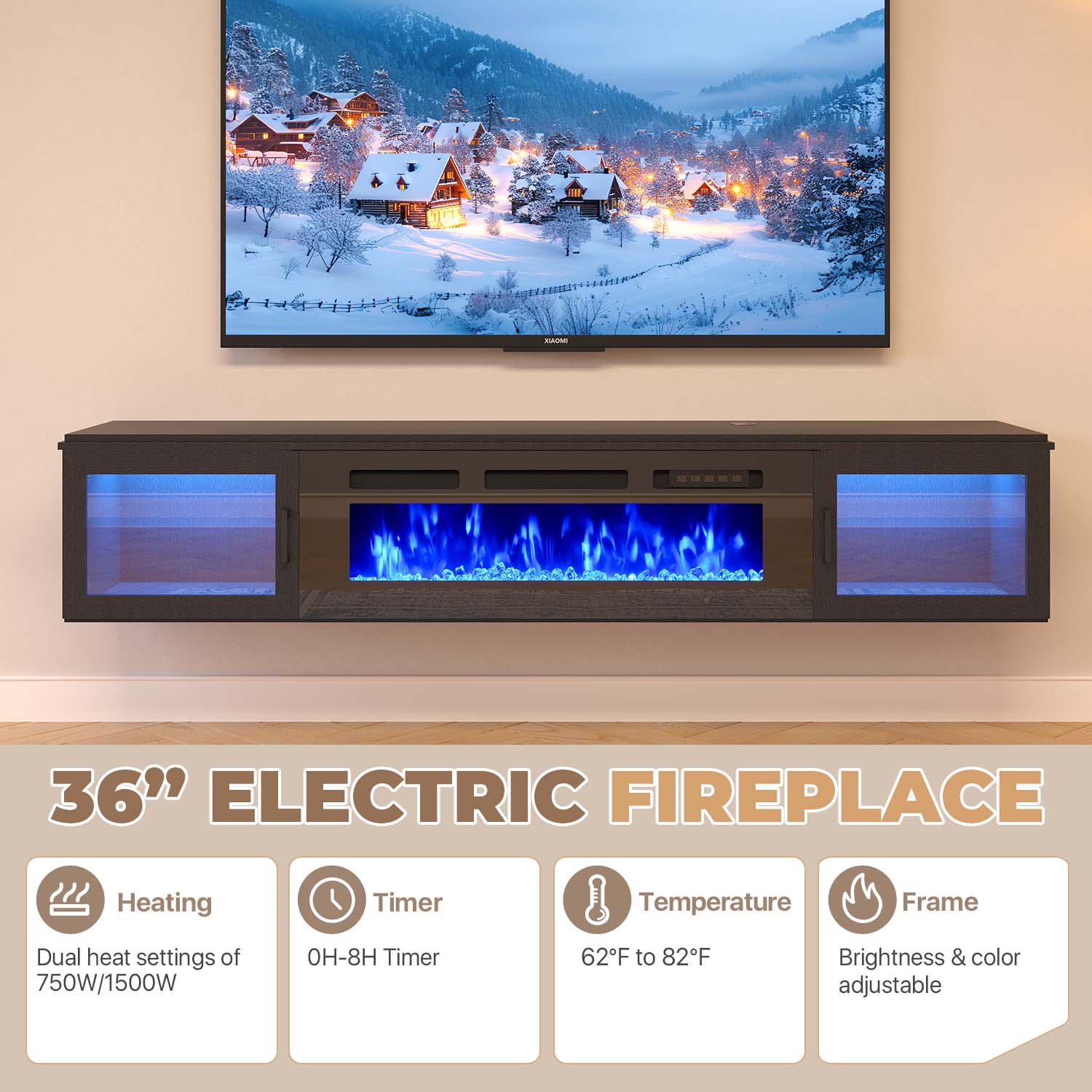 BaPiPro 70" Floating TV Stand with 36" Electric Fireplace, Black photo 6