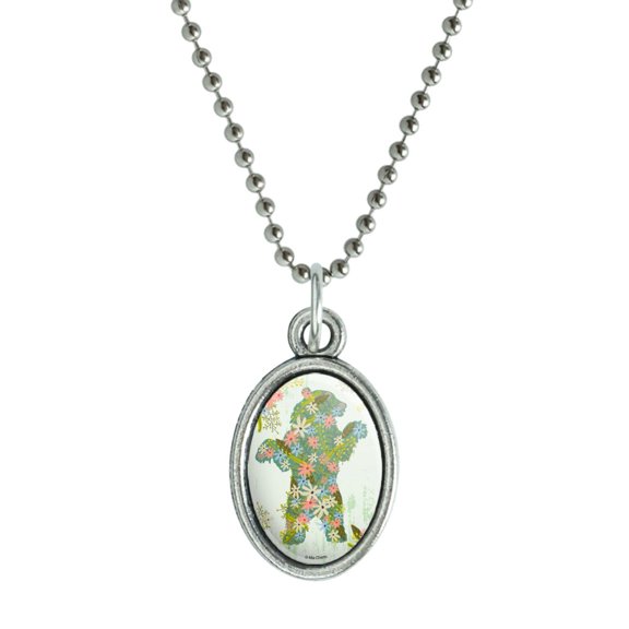 Flowery Floral Bear Silhouette Antiqued Oval Charm Pendant with Chain