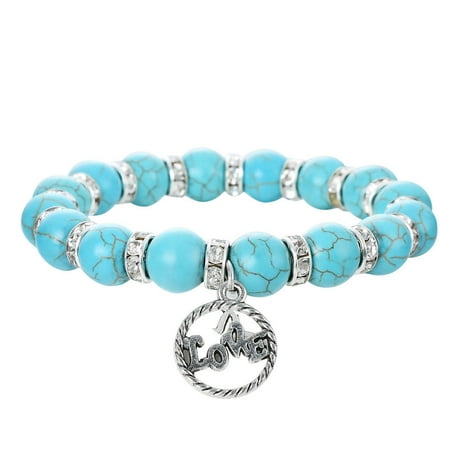 Vintage Spacer - Faux Turquoise Round Stone Stretch Bracelet w/ Crystal Spacers & a Rhodium Plated Vintage Love Twisted Rope Pendant By JADA Collections