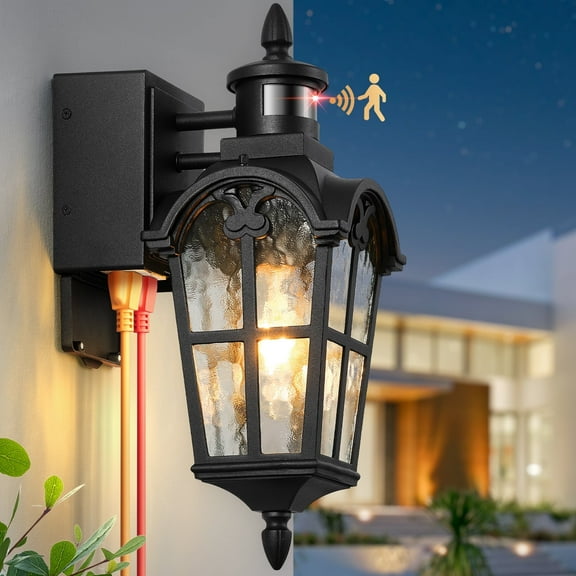 Motion Sensor Outdoor Lights with GFCI Outlet, Black Porch Light Outdoor with Outlet, Dusk to Dawn Outside Lights for House, 100% Aluminum Outside Light Fixtures Wall Mount for Garage Patio