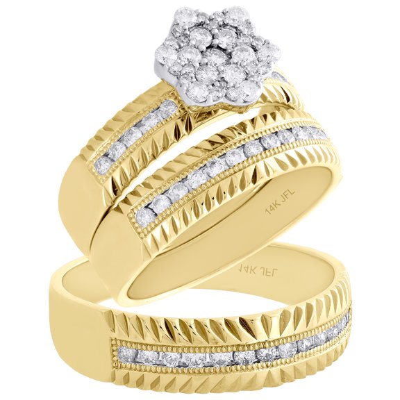 14K Yellow Gold Diamond Trio Set Matching Flower Engagement Ring & Band 3/4 Ct.