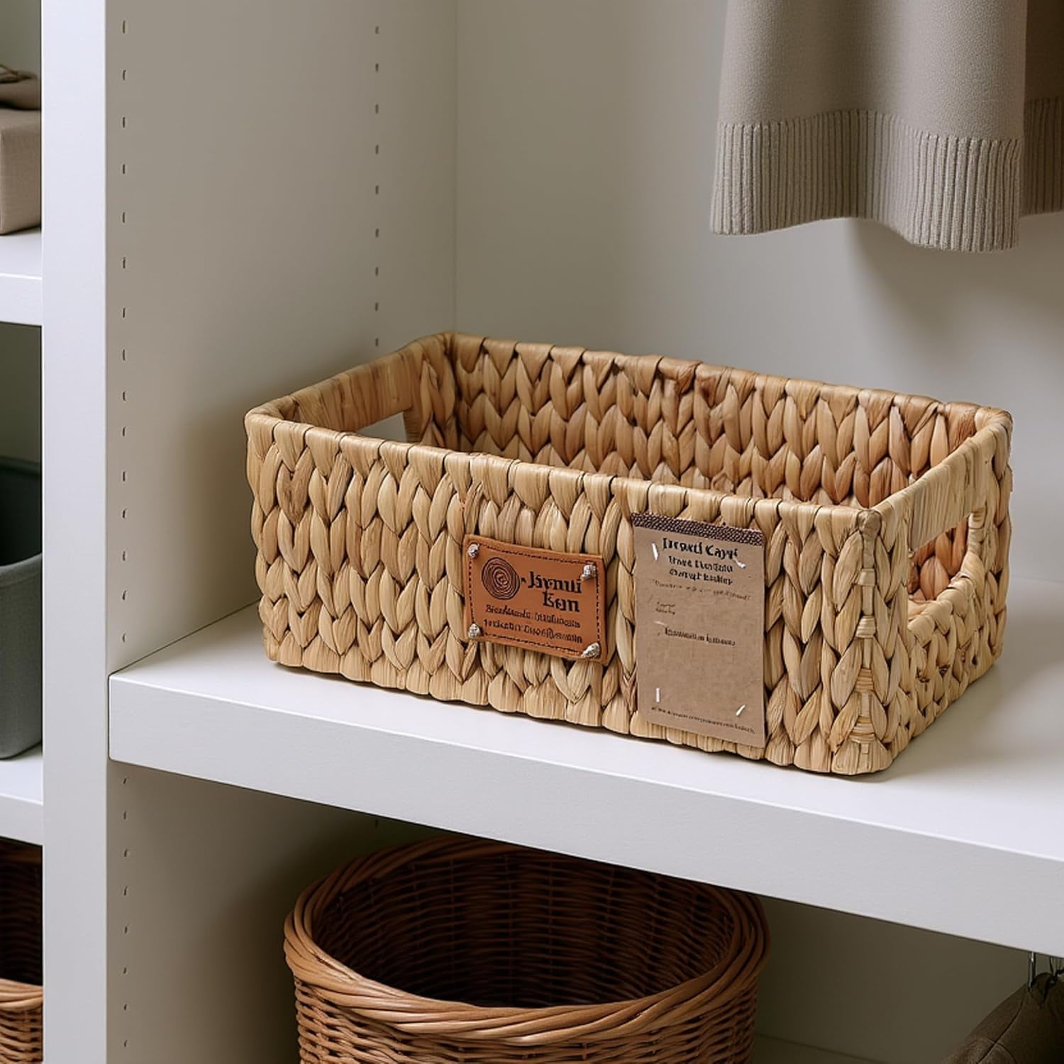 JAVANTI KAYU - Handmade Water Hyacinth Wicker Storage Basket with Handles – Rectangle Organizer Bin for Shelves, Blanket, Bathroom, Closet – Stackable – Decorative & Durable (Long: 15" x 6.7" x 5")