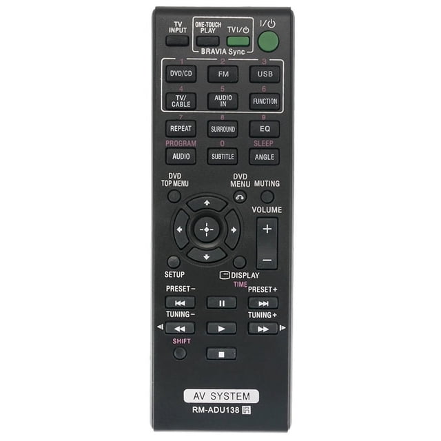 RM-ADU138 replacement remote control compatible with AV system models DAV-TZ145, HBD-TZ140, and HBD-TZ145. The remote is black, made of PC material, and features buttons for TV input, volume control, playback, and menu navigation. Designed for home audio systems, it includes functions like Bravia Sync, DVD/CD, FM, USB, and audio settings. The remote is shown in a front-facing view with clearly labeled buttons.