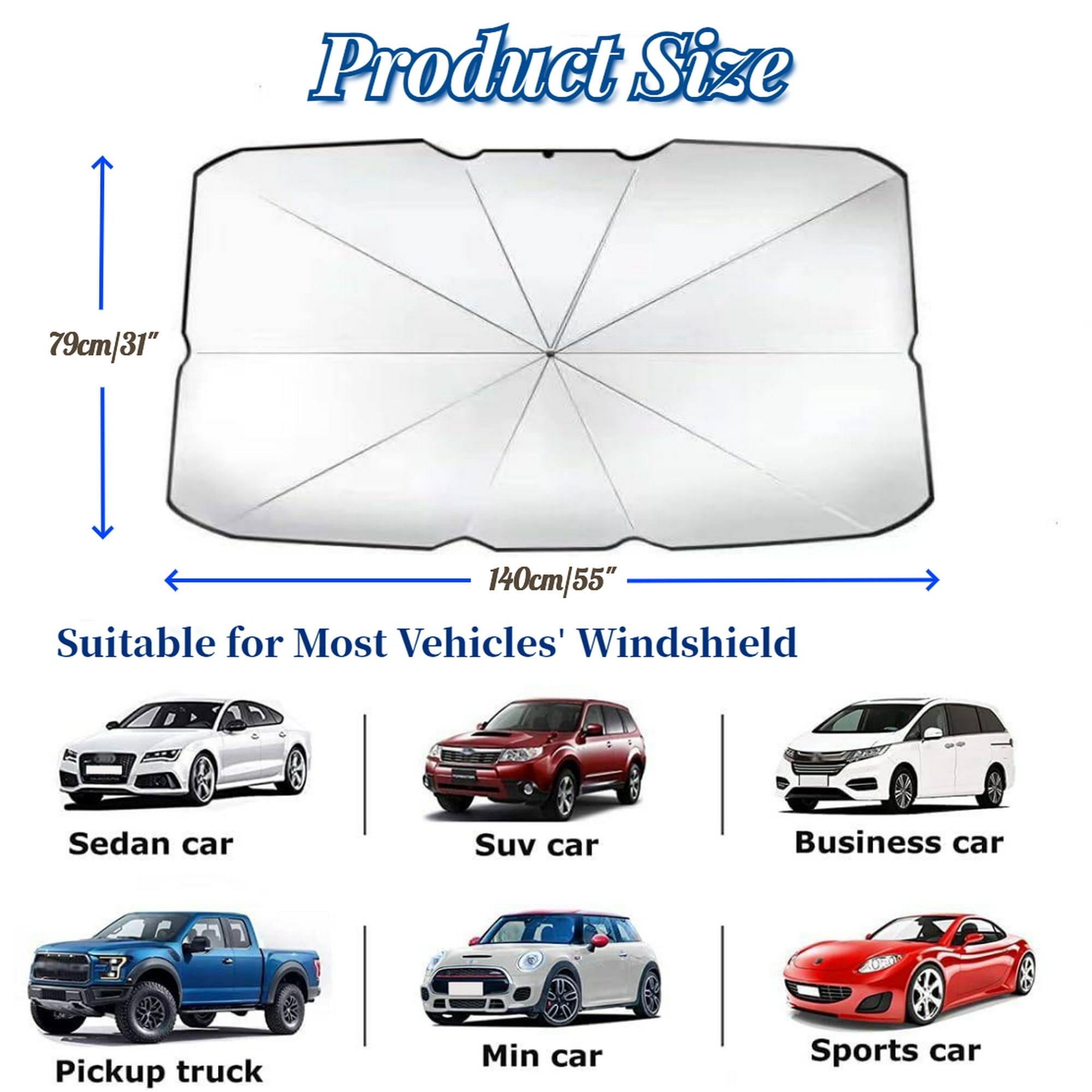 Windshield Sun Shade for Car, Car Window Shade, Foldable Car Umbrella Sunshade Cover Car Front Window, Blocks UV Rays Sun Visor Protector Sunshade for Interior Protection, Car Accessories (55"x31")