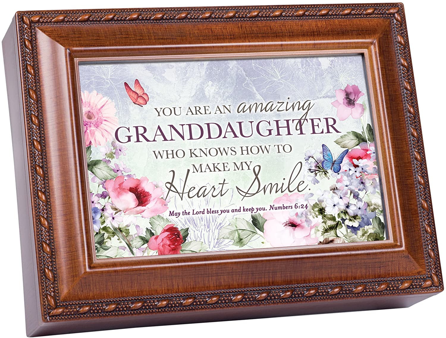 Granddaughter My Heart Smile Woodgrain Rope Trim Music Box Plays