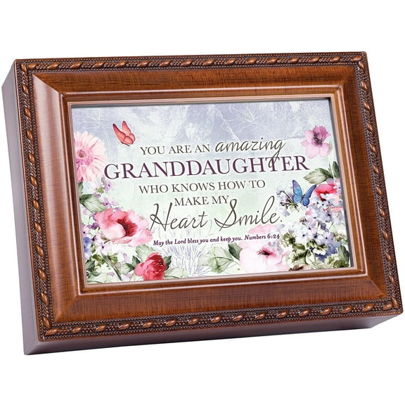Granddaughter My Heart Smile Woodgrain Rope Trim Music Box Plays Amazing Grace