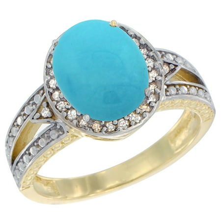14K Yellow Gold Natural Turquoise Ring Oval 9x7 mm Diamond Halo, size 5