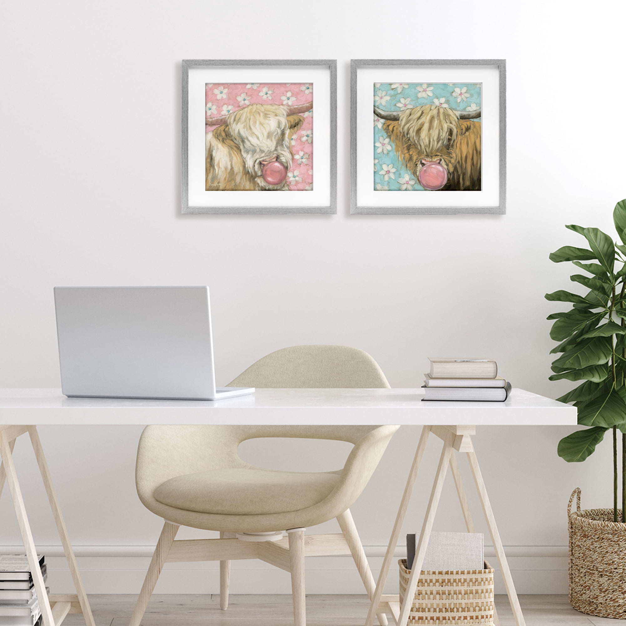 Stupell Industries Cute Bubblegum Highland Cattles 2 Piece Gray Framed Print Under Glass Set, design by Sara G. Designs