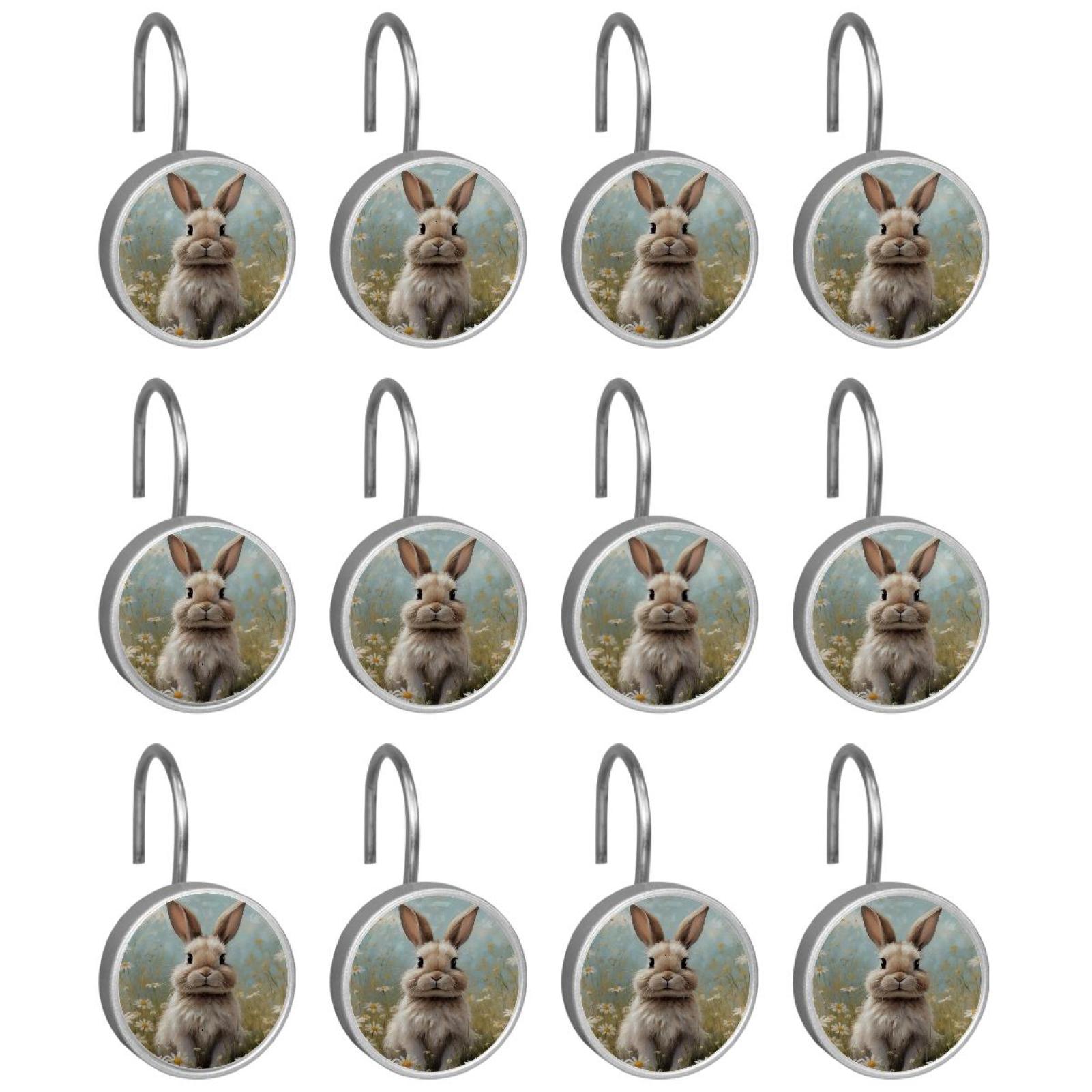 Imobaby 12 Pcs Metal Shower Curtain Hooks Rust Proof for Shower Curtain Liner - Daisy Apricot Rabbit