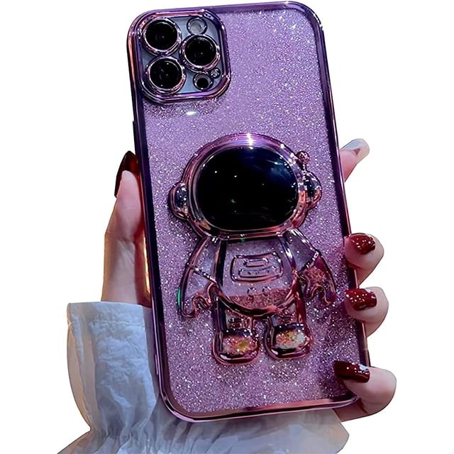 Funda 6D Bling Astronaut para iPhone 12 Pro, con baño líquido, purpurina flotante y arena movediza, para mujer y niña, color rosa (Astronauta fijo, sin soporte)