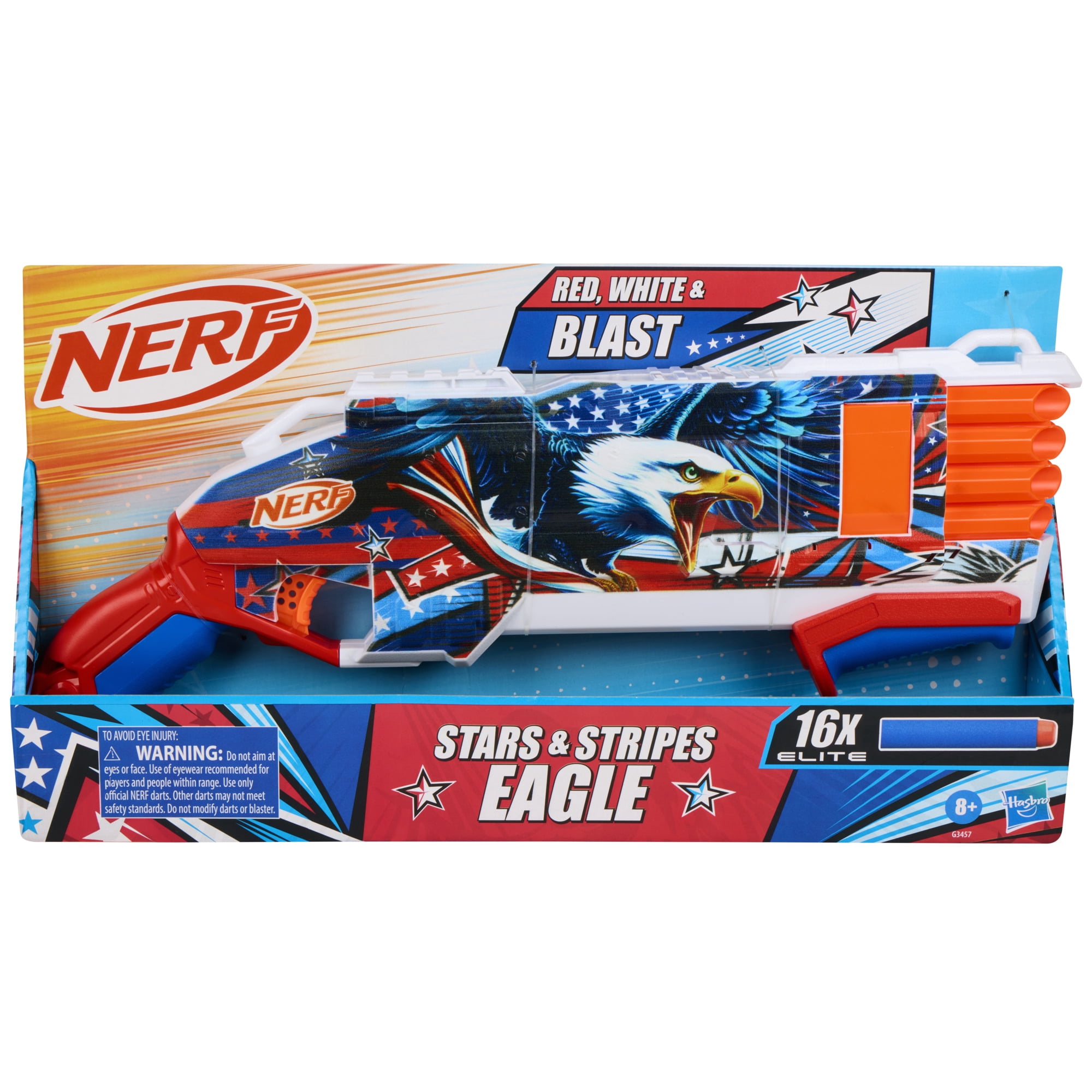 Nerf Elite Stars & Stripes Eagle Red, White & Blue Blaster, 16 Nerf Elite Foam Darts, Outdoor Summer Toys, Backyard & Beach Fun, 8+
