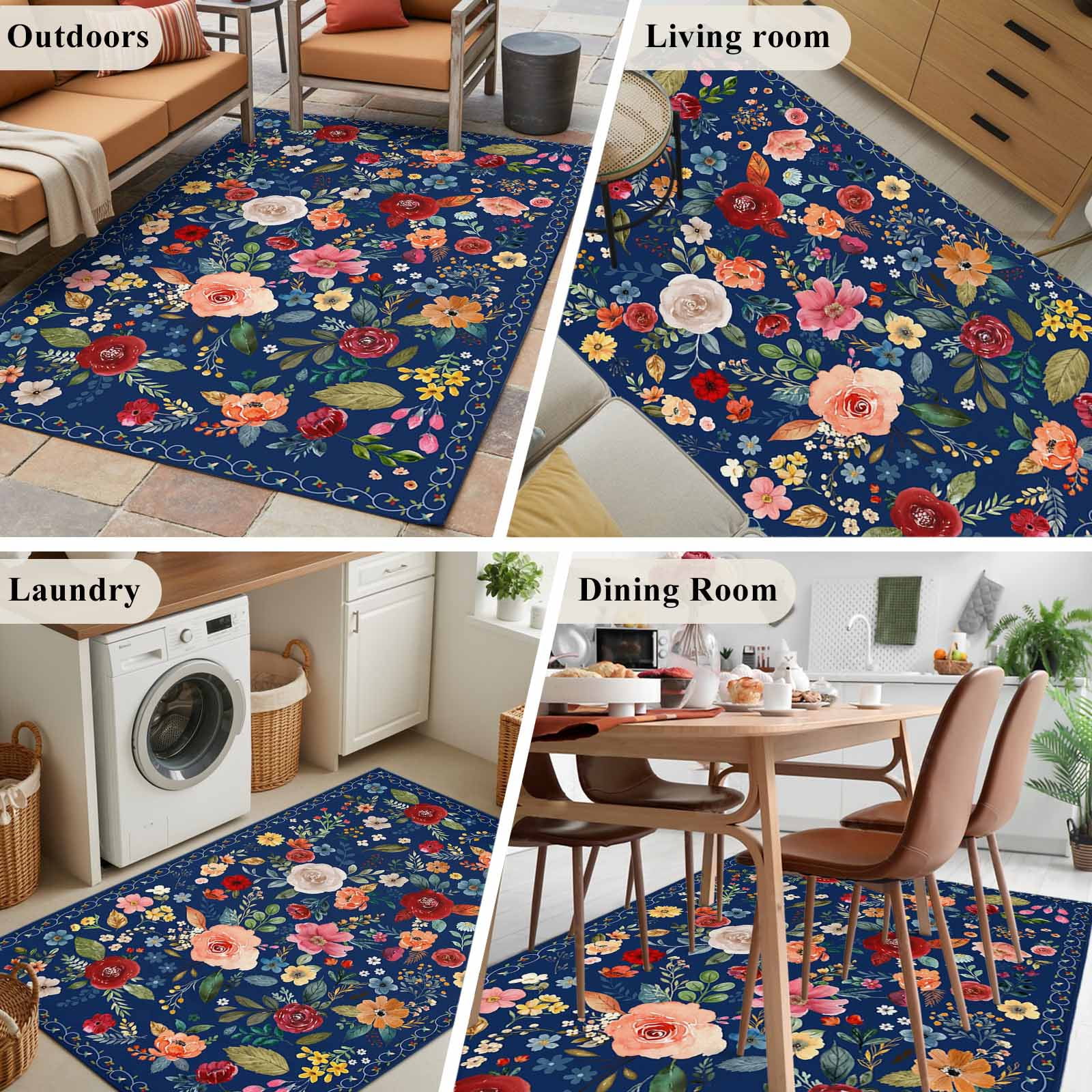 Navy Blue Flowers Area Rugs 4'x6', Washable Small Throw Rugs for Office Bathroom, Spring Vintage Floral Leaves Farmhouse Indoor Outdoor Rug Non-Slip Low Pile Carpet Runner Reversible Floor Mats