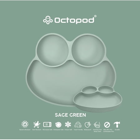 Abiie Octopod Frog Silicone Plates with Suction - Spill Proof, Easy to Clean - BPA-Free Bowl - Suction Plates for Baby and Toddler - Training & Feeding Divided Grip Dish (Sage Green)