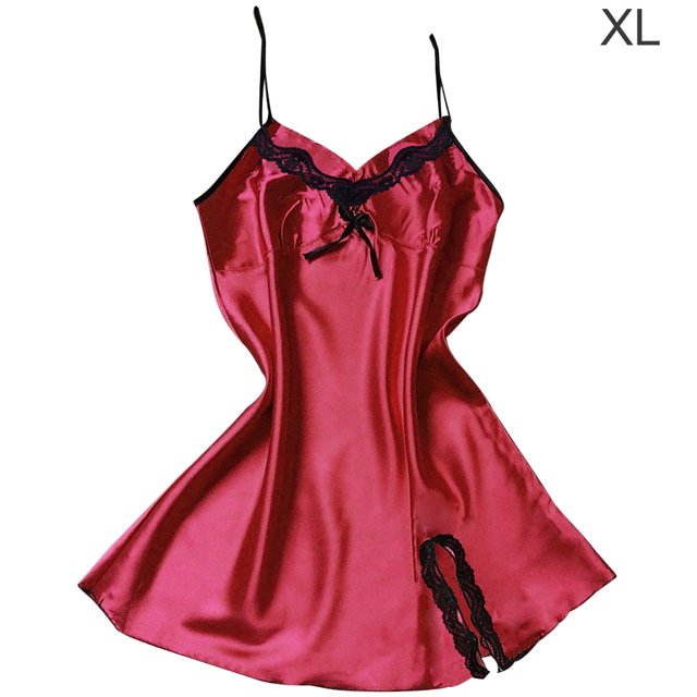 Camisón de encaje con cuello en V y espalda descubierta, camisón sedoso, ropa de dormir para mujer, rojo vino, XL Vogacara AP001175-04B