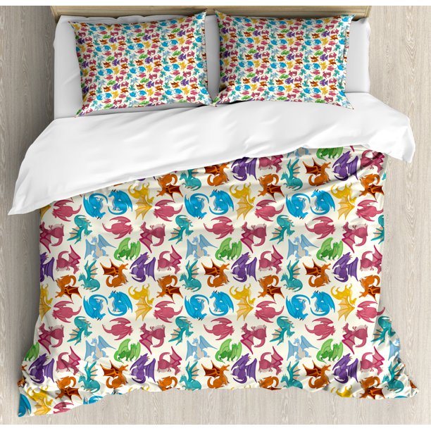Dragon Duvet Cover Set, Cartoon Style Design for Children Animal