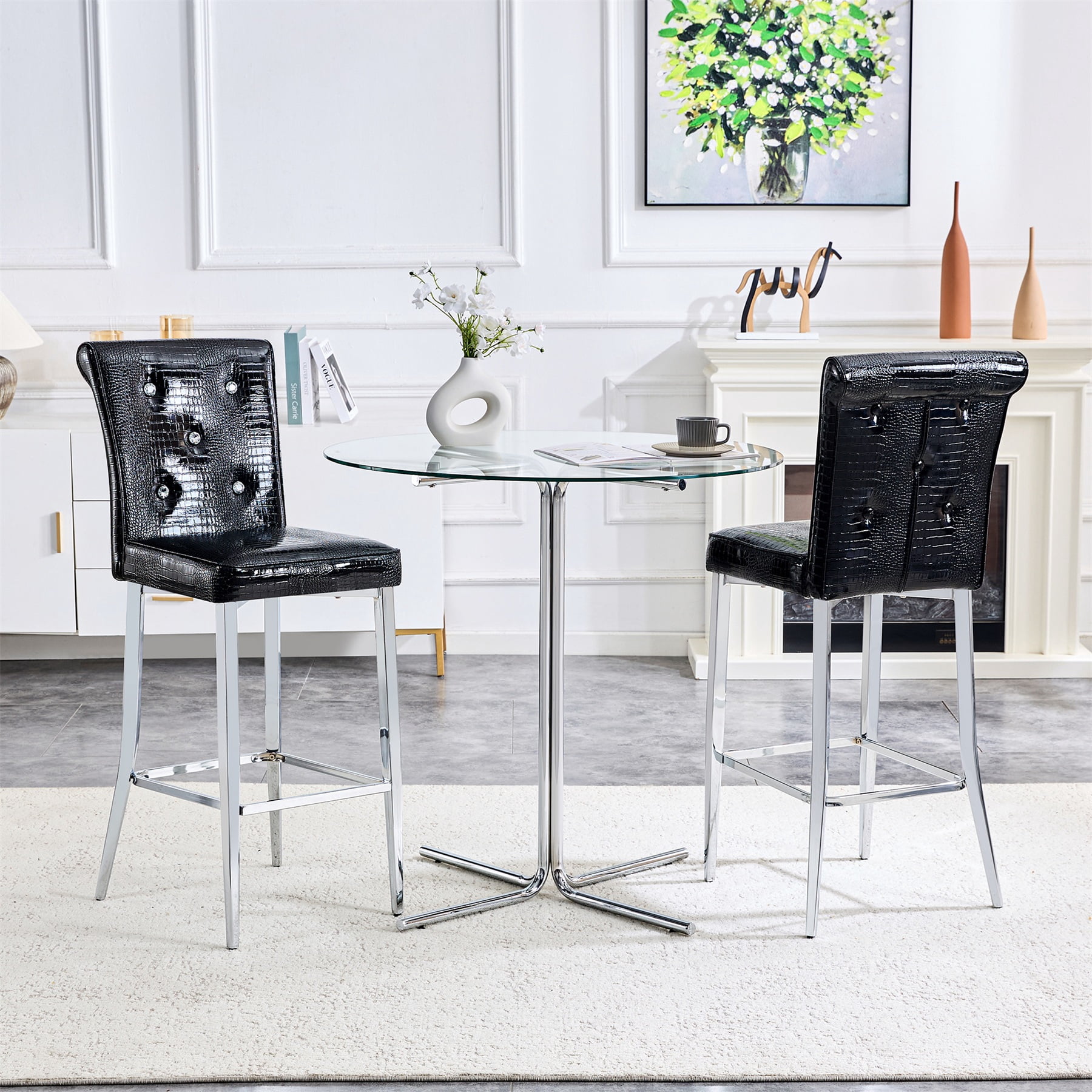 Alvantor Bar Stools Set of 2 Vintage Leather Bar Stools with Crystal Clasp Counter Stool Chairs for Kitchen Island Black