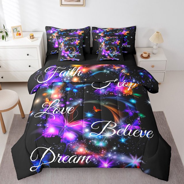 Erosebridal Neon Butterfly Bedding Full Size, Stars Inspirational Words Comforter Sets with Sheets, Reversible 7pcs