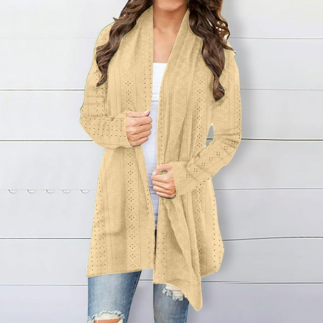AherBiu Womens Lightweight Cardigans Longer Length Casual Jacket Crochet Open-Front Sweater Cardigan with Pockets