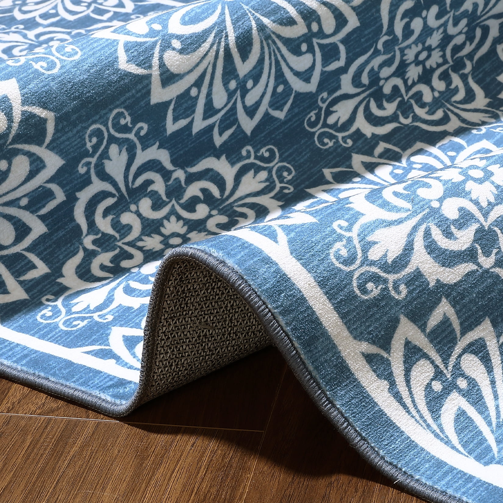 Tzou Vintage Washable Area Rugs for Living Room, 6x9 Low Pile Indoor Floral Carpet for Bedroom, Super Soft Foldale Distressed Accent Floor Mat for Dining Room, Non Shedding(Blue)