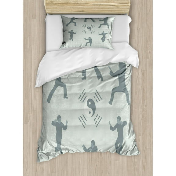 Kung Fu Duvet Cover Set Twin Size, Yoga and Karate Poses with Japanese Symbols and Yin Yang, Decorative 2 Piece Bedding Set with 1 Pillow Sham, Pale Sage Green Charcoal Grey Coconut, by Ambesonne