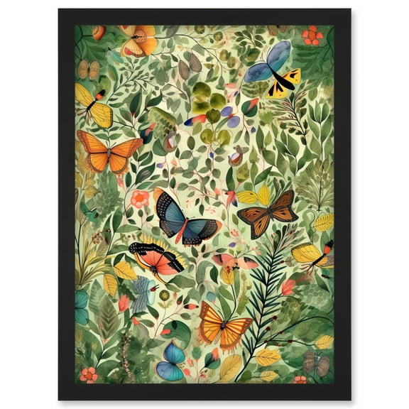 Butterflies Flying in Spring Field Modern Folk Art Artwork Framed Wall Art Print A4