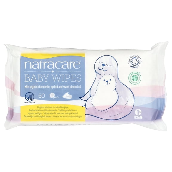 Natracare Baby Wipes with Organic Chamomile, Apricot and Sweet Almond Oil, 50 Wipes