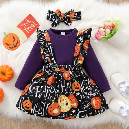 

Girls Long Sleeve Romper Bodysuits Cartoon Prints Suspenders Skirt Headbands Outfits