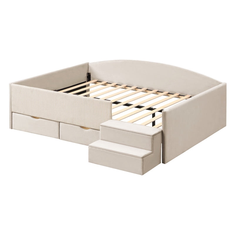 Full Size Kids Daybed Frame with Small Stair & 2 Storage Drawers, Velvet+Corduroy Dual Upholstered Accent Platform Bed