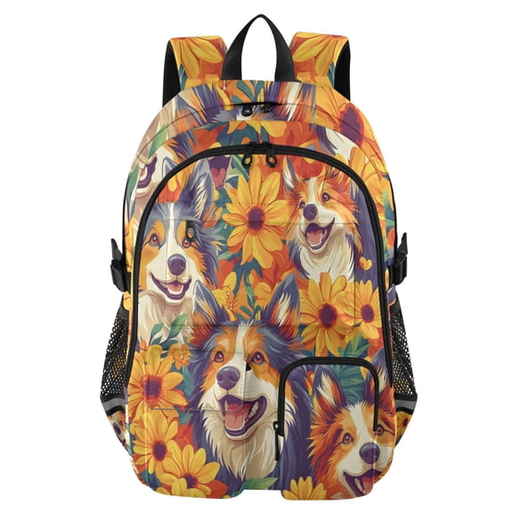 DIXRUYEE Dog and Sunflower Pattern Backpack for School 14”Laptop Compatible with Reflective Safety Strips