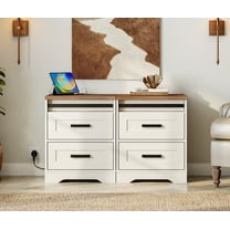 WAMPAT Farmhouse Nightstand Set of 2 with Charging Station for Bedroom, 2-Piece Wood End Table with Drawers,Cream White