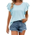 thumbnail image 2 of Tittly T Shirts for Women Basic Tees Women's Summer Top V Neck Ruffle Short Sleeve Casual Loose Tee T Shirts Tshirts Shirts Womens Tops Blue S, 2 of 6